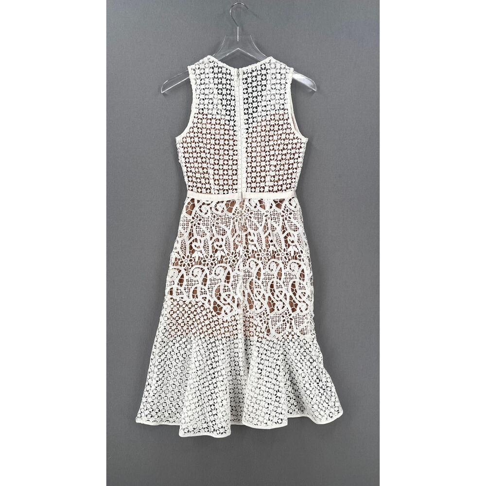 BARNEYS NEW YORK Crochet Lace Dress Womens XS White V-neck Sleeveless Tulip Midi - Picture 4 of 16